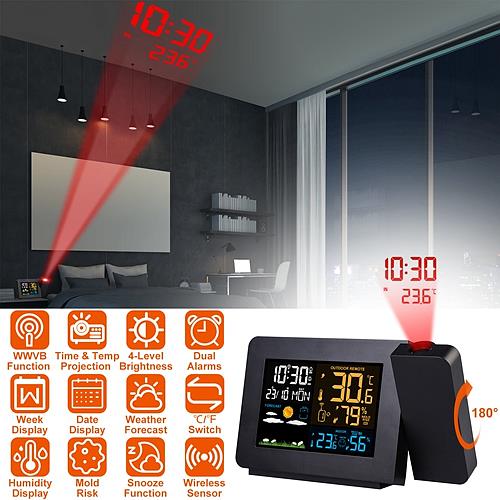 Atomic Projection Alarm Clock with Wireless Weather Station & Dual Alarms