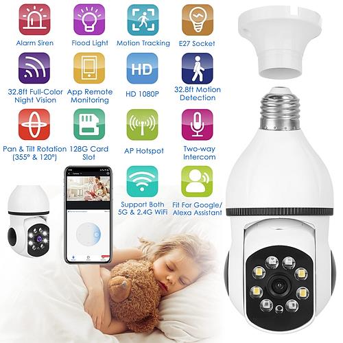 E27 WiFi Smart Bulb Camera 1080P FHD with Pan & Tilt, Two-Way Audio, Full Color Night Vision, Motion Tracking & Flood Light – Smart Security Surveillance