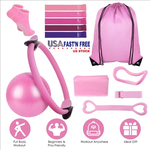 14-Piece Pilates Ring Essentials Kit for Women – Yoga Ball, Arm Stretcher, 5 Resistance Bands, Figure 8 Band, Non-Slip Socks
