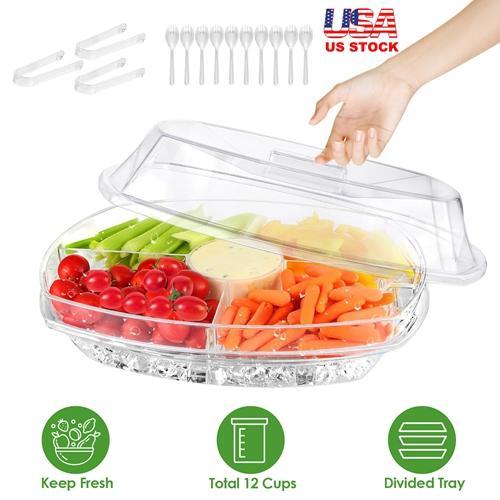 Fruit & Veggie Chilled Serving Tray with Lid - 4 Compartments, Perfect for Shrimp Cocktails, Appetizers, and Party Buffets Plates Sturdy