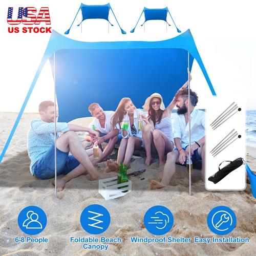 6.5x6.5FT Foldable Beach Canopy Tent – Portable Sun Shade with Poles, Sandbags & Carry Bag – Windproof UV Shelter for Outdoor Use (Blue)