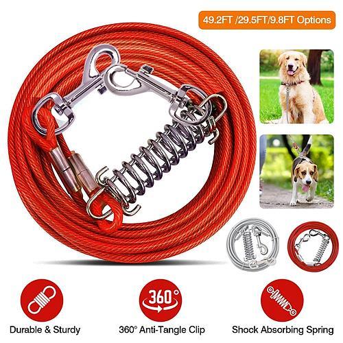 29.5FT Chew-Proof Dog Tie-Out Cable with Spring – Heavy-Duty Outdoor Dog Leash with 360° Rotating Clips & PVC Coating for Yard, Camping, or Travel