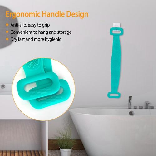 Silicone Back Scrubber Belt for Shower – Exfoliating Body Wash Strap with Massage Dots, Bristles, and Adhesive Hook Bath Brush