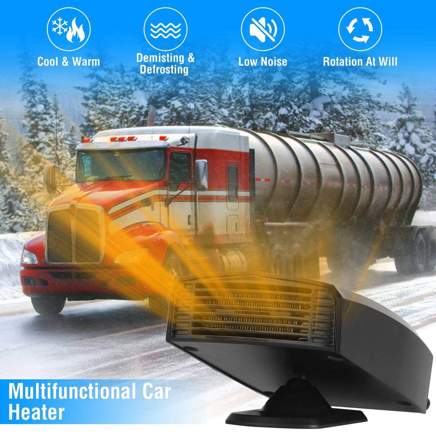 24V 180W Portable Car Heater & Cooling Fan – 2-in-1 Windshield Defroster, Defogger & Demister with 360° Rotating Base