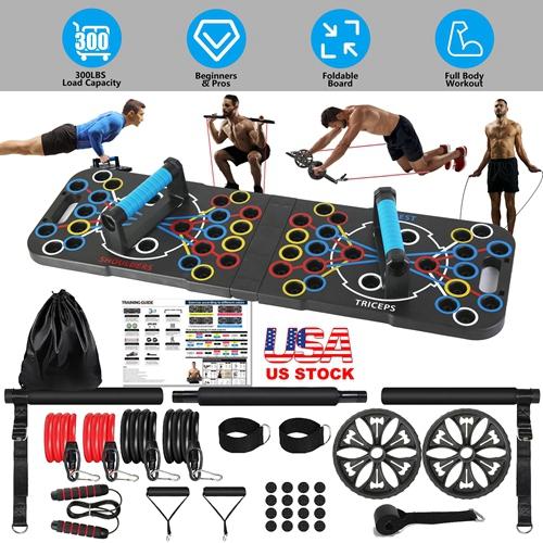 Multifunctional Push Up Board – Home Strength Training Equipment with 15 Fitness Accessories, Pilates Bar, Resistance Band, Roller Wheel for Full Body Workout