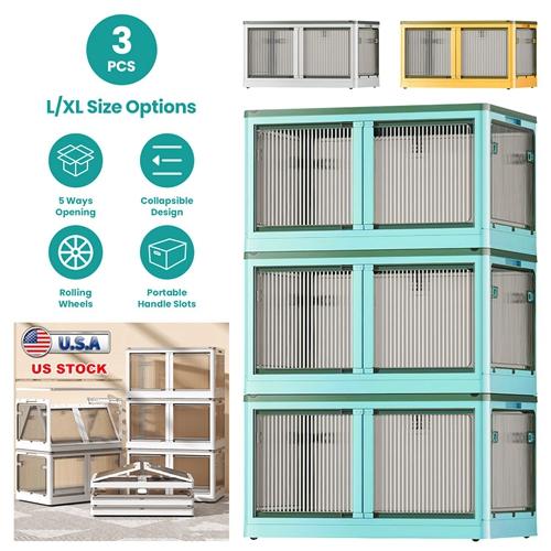 3-Pack Foldable Storage Bins with Lids – 4-Door Collapsible Closet Organizer Boxes with Locks and 4 Wheels – Stackable Storage Containers for Home & Office Green
