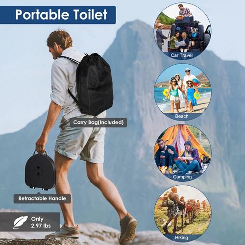 Retractable Portable Toilet – Collapsible Adult Potty with Adjustable Height, Lid, 20 Waste Bags & Carry Bag – Emergency Toilet Kit for Camping, Travel, Outdoors