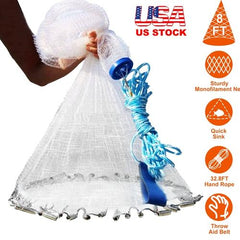 8FT Radius Fishing Cast Net – Easy Throw Bait Trap with Chain Sinker, Heavy-Duty Hand Cast Net
