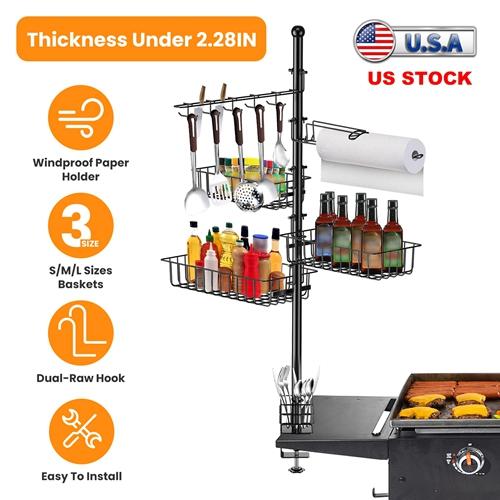 Blackstone Griddle Caddy with Paper Towel Holder, Hook Baskets & BBQ Accessories Storage Rack - Vertical Standing Organizer for Grill Utensils
