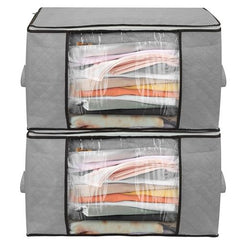 Set of 2 Large 90L Foldable Clothes Storage Bags - Durable Fabric with Clear Window, Dual Zippers, and Grey Color