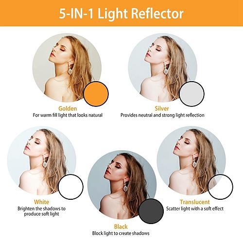 22.8In 5-in-1 Collapsible Photography Light Reflector Disc with Storage Bag - Translucent, Silver, Gold, White, Black Light Diffuser & Reflector Durable Steel