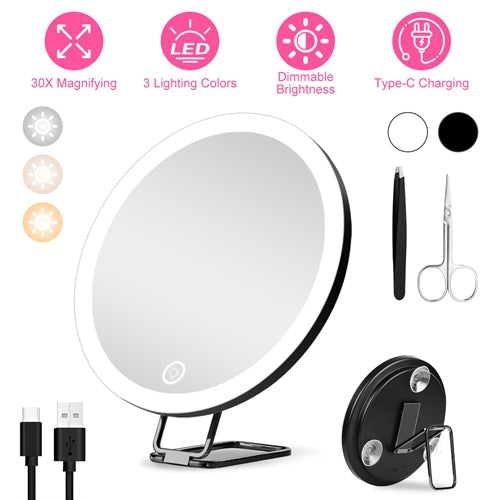 30X Magnifying Makeup Mirror with Light – 3 Color Modes, Dimmable Brightness, 360° Adjustable, Travel Mirror with Suction Cup, Tweezer & Scissor Included