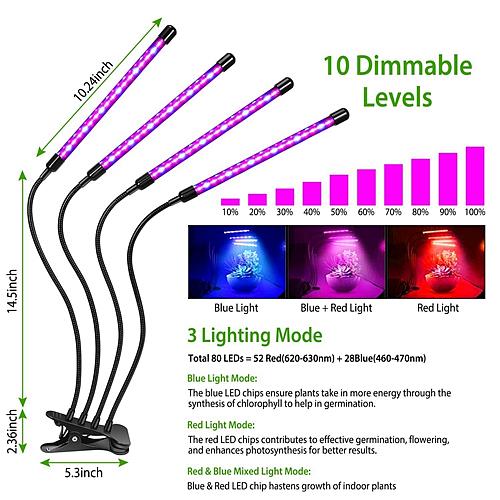 80W Plant Grow Light for Indoor Use – Full Spectrum LED with Timer, Gooseneck Arms, and 10 Dimmable Settings