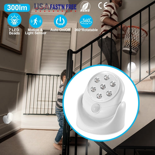 360° Wireless Motion Sensor LED Light – Auto Night Spotlight for Stairs, Closet & Bathroom (23ft Smart Detection, Battery Powered)