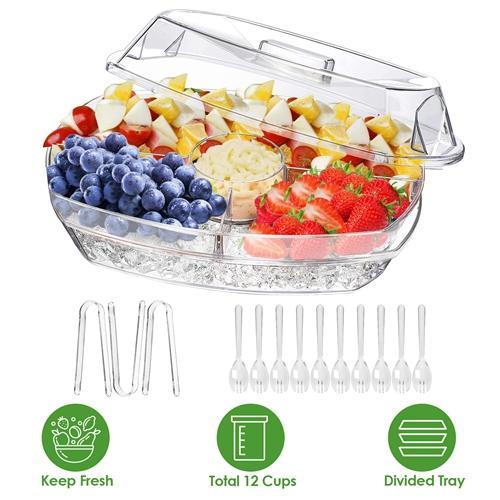 Fruit & Veggie Chilled Serving Tray with Lid - 4 Compartments, Perfect for Shrimp Cocktails, Appetizers, and Party Buffets Plates Sturdy