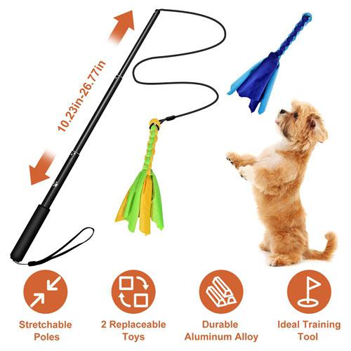 Extendable Dog Flirt Pole with Lure: 10.23-26.77in Teaser Wand & 2 Replaceable Interactive Tail Toys for Small, Medium & Large Dogs - Training & Exercise