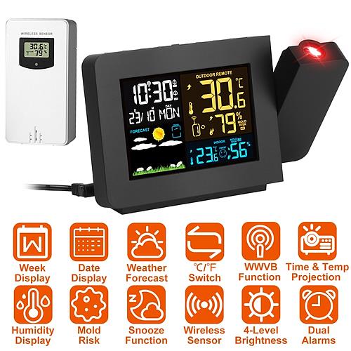 Atomic Projection Alarm Clock with Wireless Weather Station & Dual Alarms