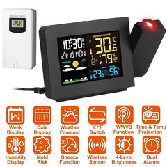 Atomic Projection Alarm Clock with Wireless Weather Station & Dual Alarms