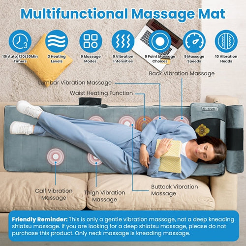 Full Body Heated Vibrating Massage Mat with Neck & Foot Massage Pillow, Adjustable Intensity, and Soft Lumbar Support – Portable Massage Mattress Pad for Home & Office Use