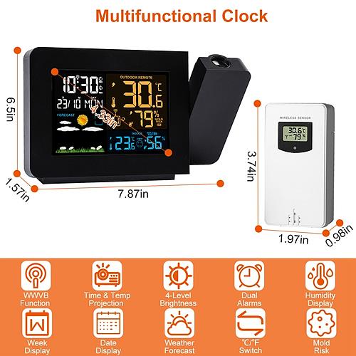 Atomic Projection Alarm Clock with Wireless Weather Station & Dual Alarms