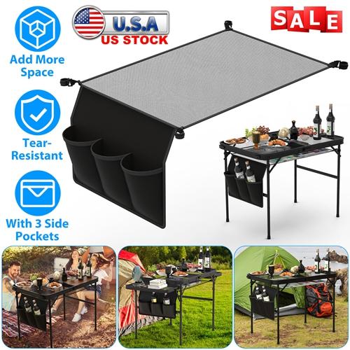 Hanging Storage Net for Camping Table – Under-Table Foldable Organizer with 3 Side Pockets & 4 Corner Clips, Tear-Resistant Mesh for Outdoor Camping, Hiking & Fishing (Fits 35.43x23.62in Tables)