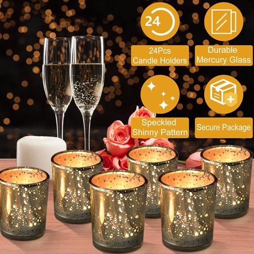 24 Pcs Gold Mercury Glass Votive Candle Holders – Shiny Tealight Holders for Wedding, Birthday Party, and Home Decoration Table Centerpieces Set Ornaments