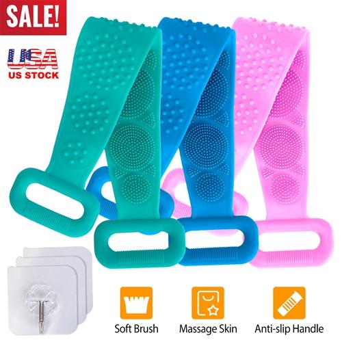 Silicone Back Scrubber Belt for Shower – Exfoliating Body Wash Strap with Massage Dots, Bristles, and Adhesive Hook Bath Brush