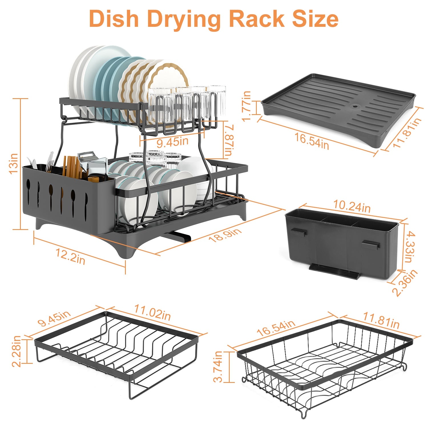 Dish Drying Rack with Drainboard - 2-Tier Detachable Organizer for Kitchen Counter